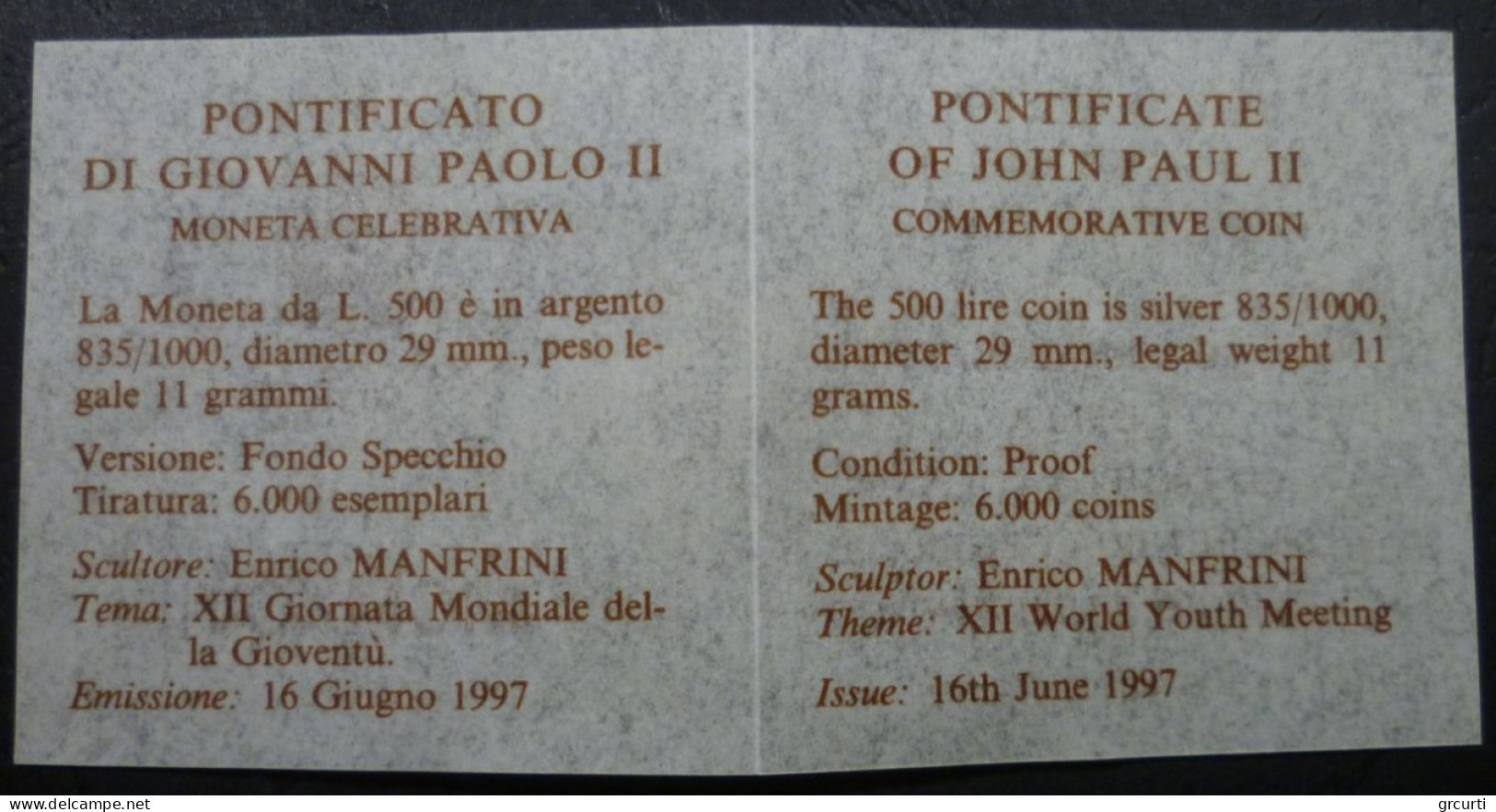 Vaticano - 500 Lire 1997 - XII Giornata Mondiale Della Gioventù - Gig. 332 - KM# 279 - Vaticano