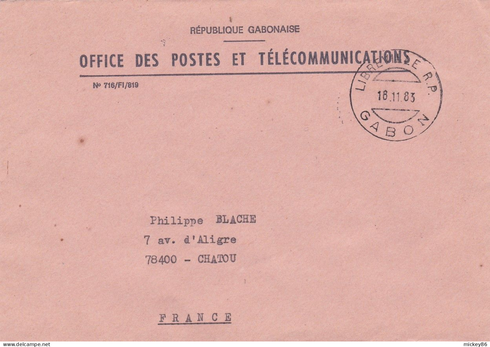GABON -- 1983 -- Enveloppe De Service Postes De LIBREVILLE R.P  Pour CHATOU-78 (France)......beau Cachet - Gabun (1960-...)