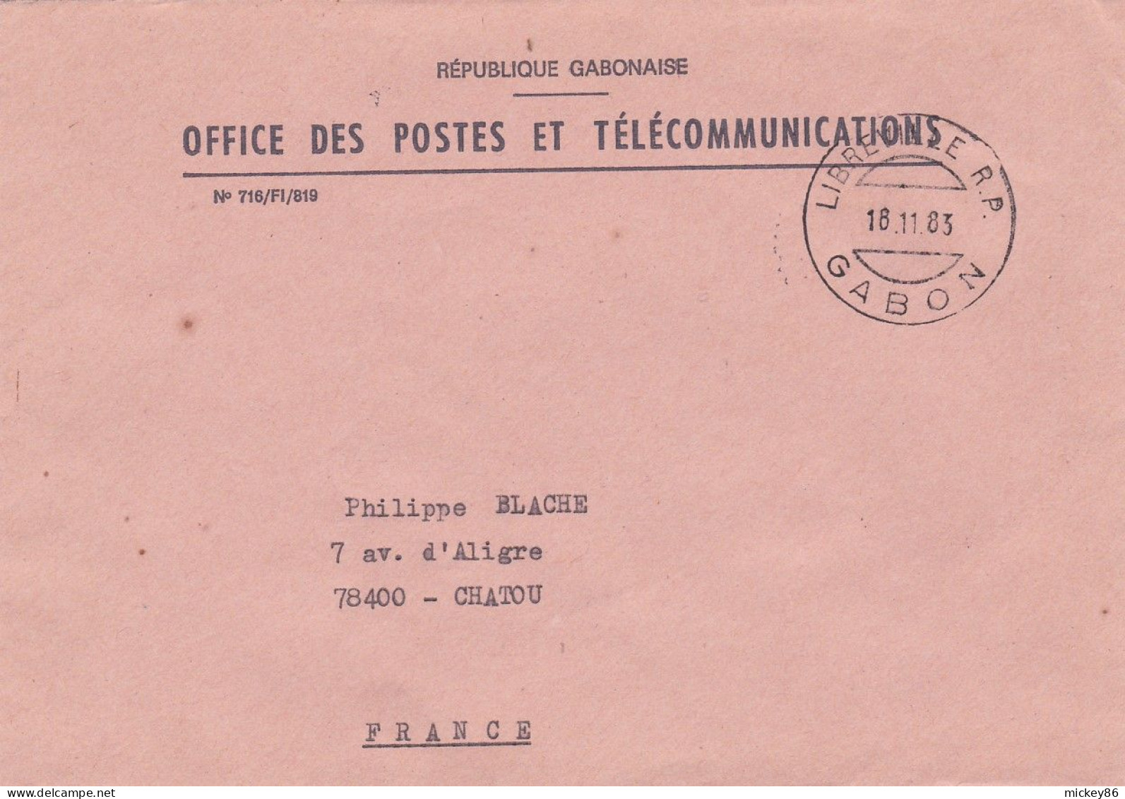 GABON -- 1983 -- Enveloppe De Service Postes De LIBREVILLE R.P  Pour CHATOU-78 (France)......beau Cachet - Gabón (1960-...)