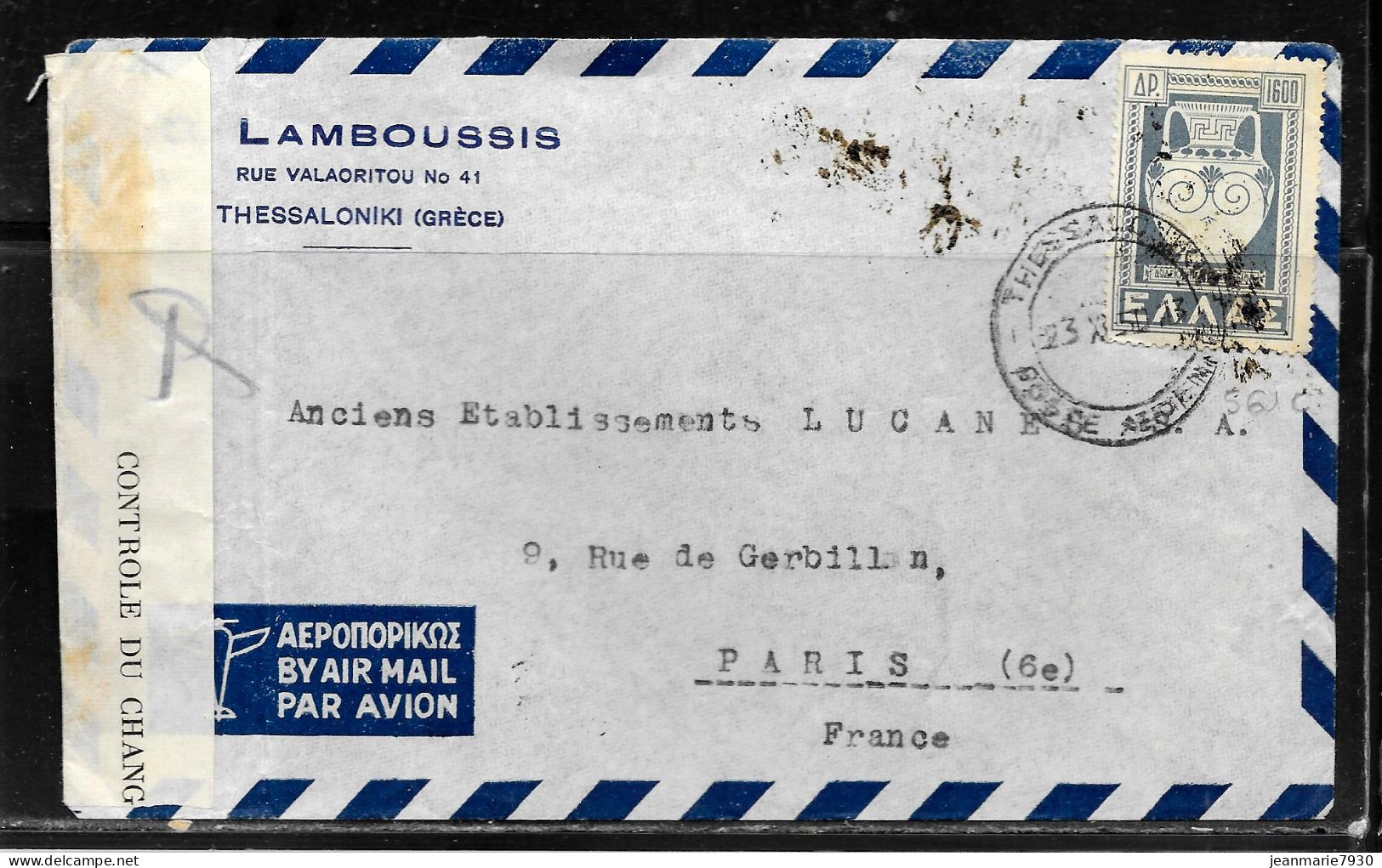 N389 - GRECE - LETTRE CENSUREE DE THESSALONIKI DU 23/11/1950 POUR LA FRANCE - Cartas & Documentos