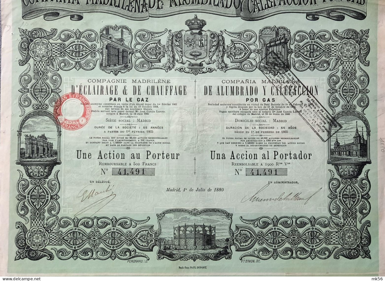 Compagnie Madrilène D'Eclairage Et De Chauffage Par Le Gaz - Action Au Porteur  - Madrid - 1880 ! - Electricity & Gas