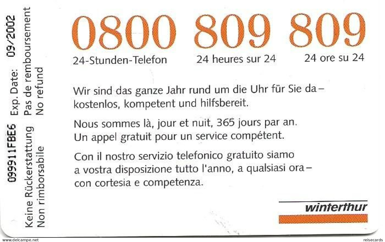 Switzerland: Swisscom 09/99 Winterthur Versicherungen. Mint - Switzerland
