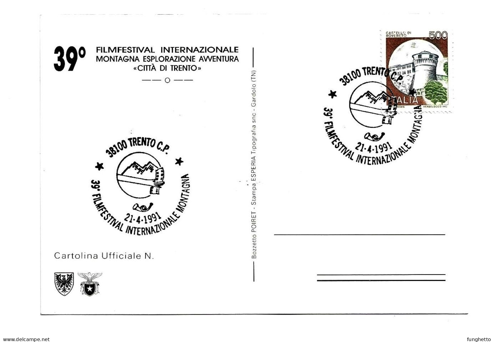Set 4 cartoline con annullo speciale TRENTO FILM FESTIVAL MONTAGNA 1973-1984-1988-1991
