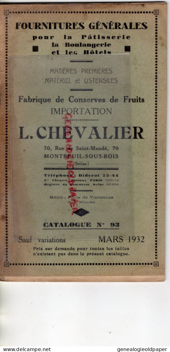 93- MONTREUIL SOUS BOIS- RARE CATALOGUE L. CHEVALIER PATISSERIE BOULANGERIE- FABRIQUE CONSERVES FRUITS-70 RUE ST MANDE - Documenti Storici