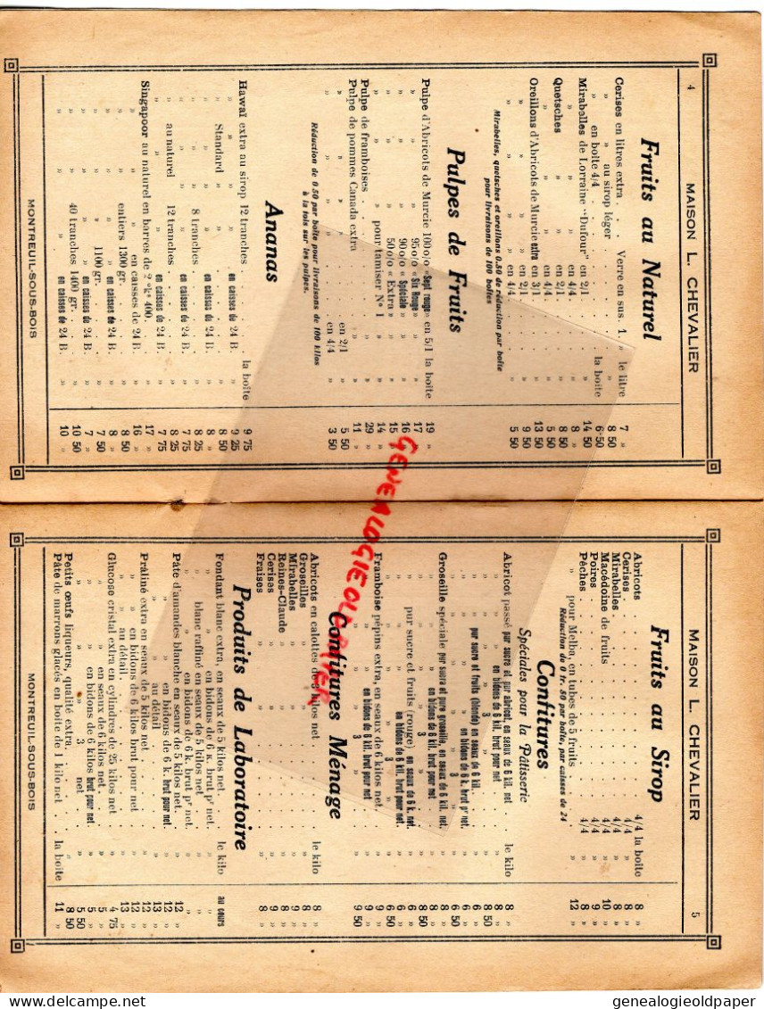 93- MONTREUIL SOUS BOIS- RARE CATALOGUE L. CHEVALIER PATISSERIE BOULANGERIE- FABRIQUE CONSERVES FRUITS-70 RUE ST MANDE - Historische Dokumente