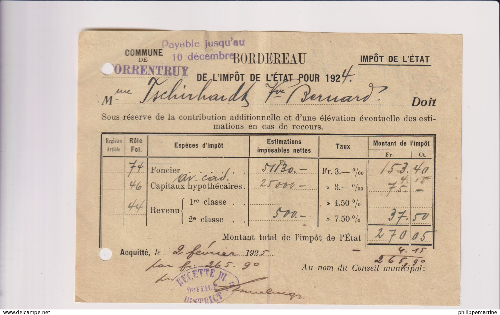 Bordereau De L'impôt De L'état Pour 1924 - Commune De Porrentruy (Suisse) Du 2 Février 1925 - Svizzera