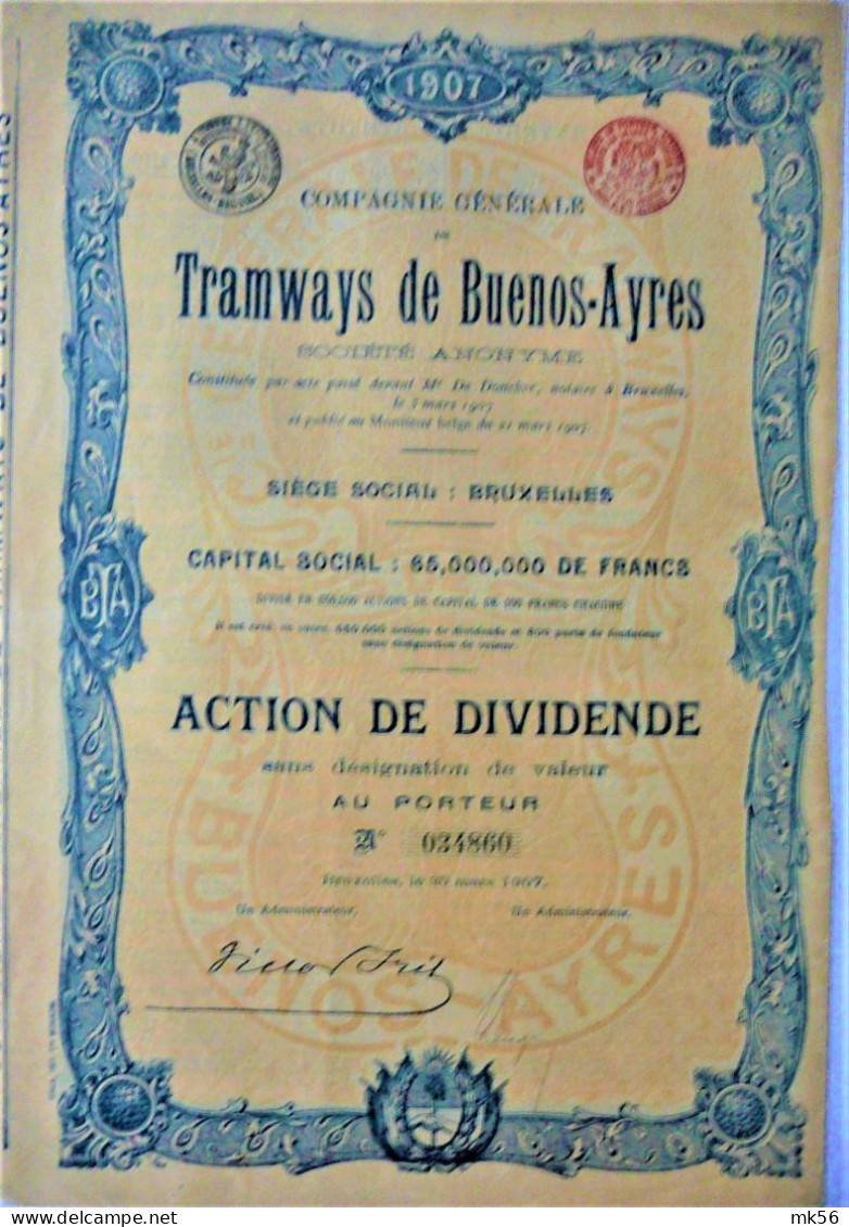 2 X S.A. Cie Générale Des Tramways De Buenos-Ayres - Action De Dividende (1907) - Chemin De Fer & Tramway