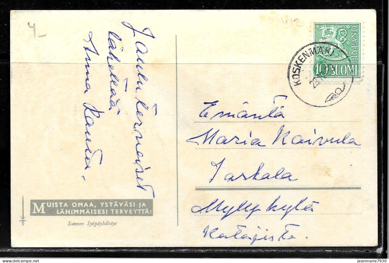 N496 - FINLANDE - CP DE KOSKENMAKI DU 29/12/1959 - Briefe U. Dokumente