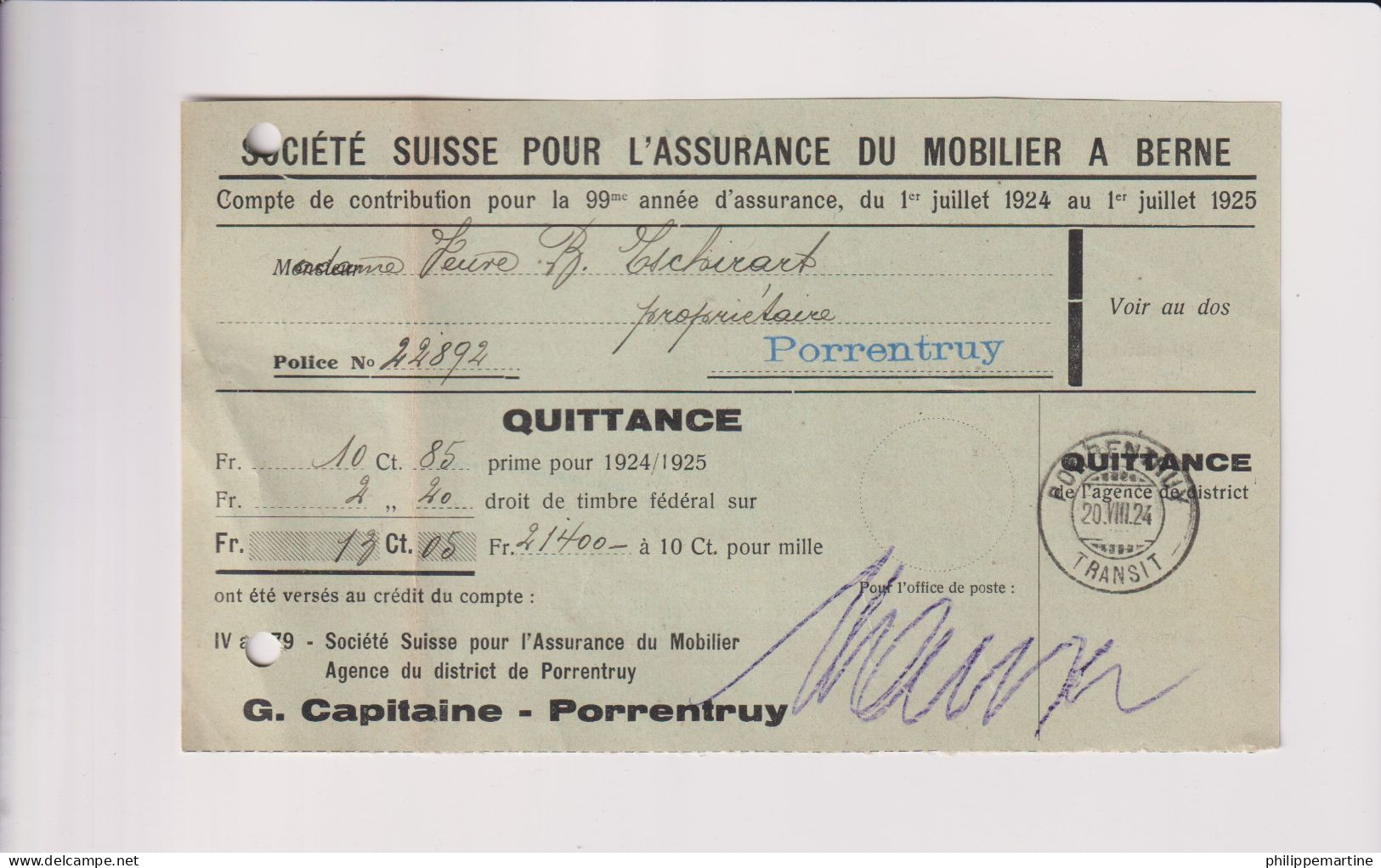 Quittance Société Suisse Assurance Du Mobilier Du Mobilier à Berne - G.Capitaine à Porrentruy (Suisse) Du 20-VIII-24 - Suiza