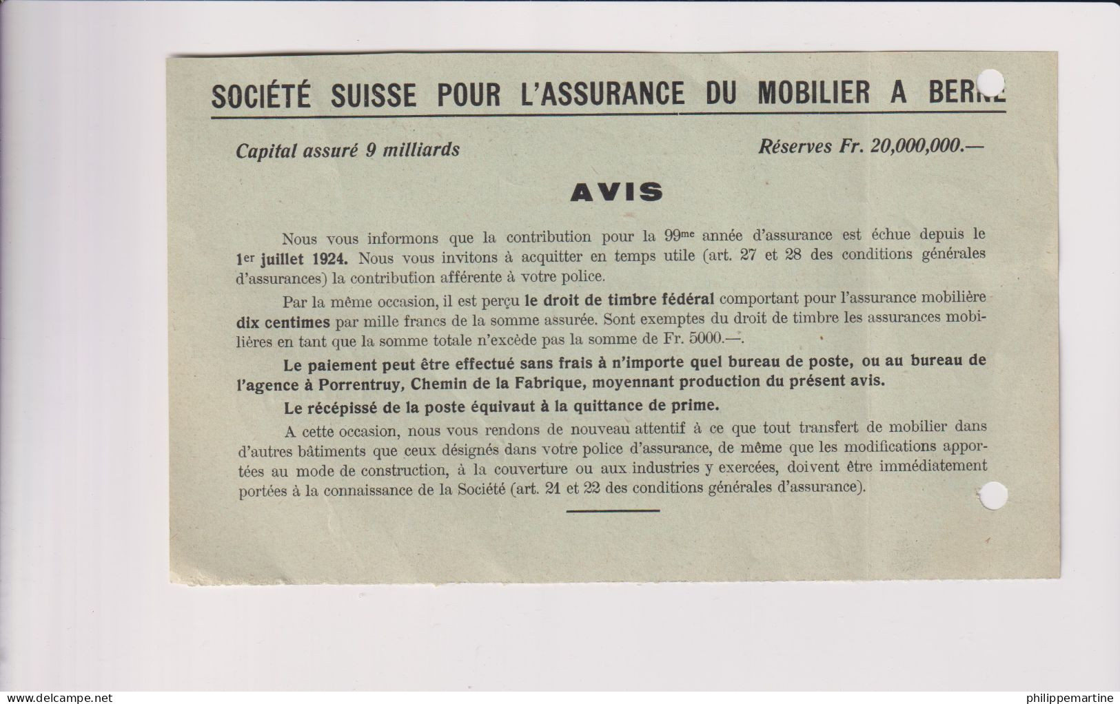 Quittance Société Suisse Assurance Du Mobilier Du Mobilier à Berne - G.Capitaine à Porrentruy (Suisse) Du 20-VIII-24 - Zwitserland