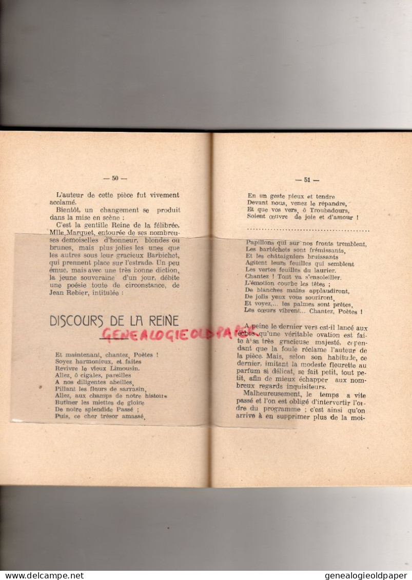 87- ROCHECHOUART- RARE COMPTE RENDU GRANDES FETES FELIBREE- LEON BERARD-1912-IMPRIMERIE JOSEPH RIPPE LIMOGES -REBIER - Limousin