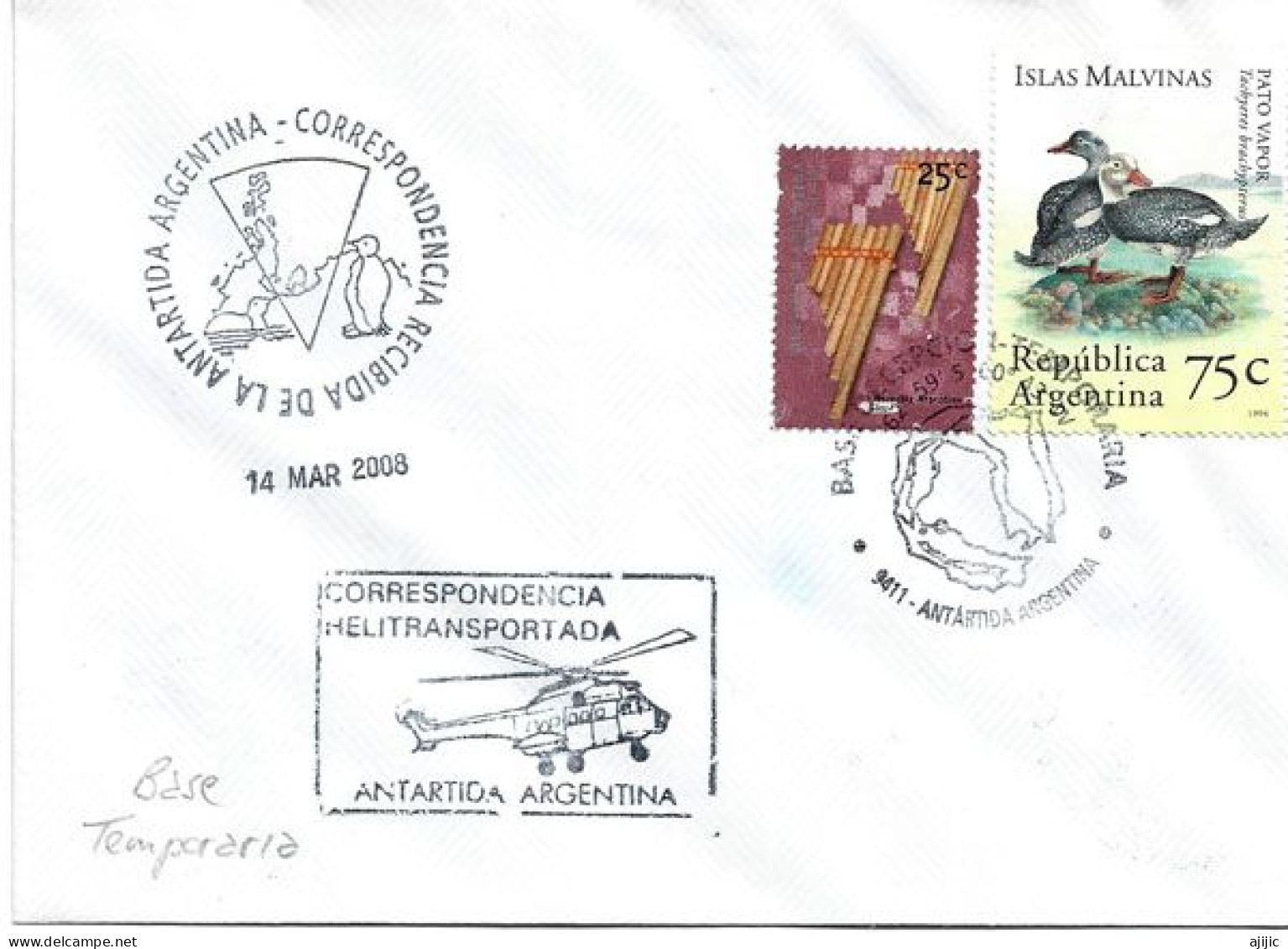 Base Antarctique Temporaire De L'Argentine, Correspondance Héliportée 2008, Timbres Des îles Malouines.: Islas Malvinas - Autres & Non Classés