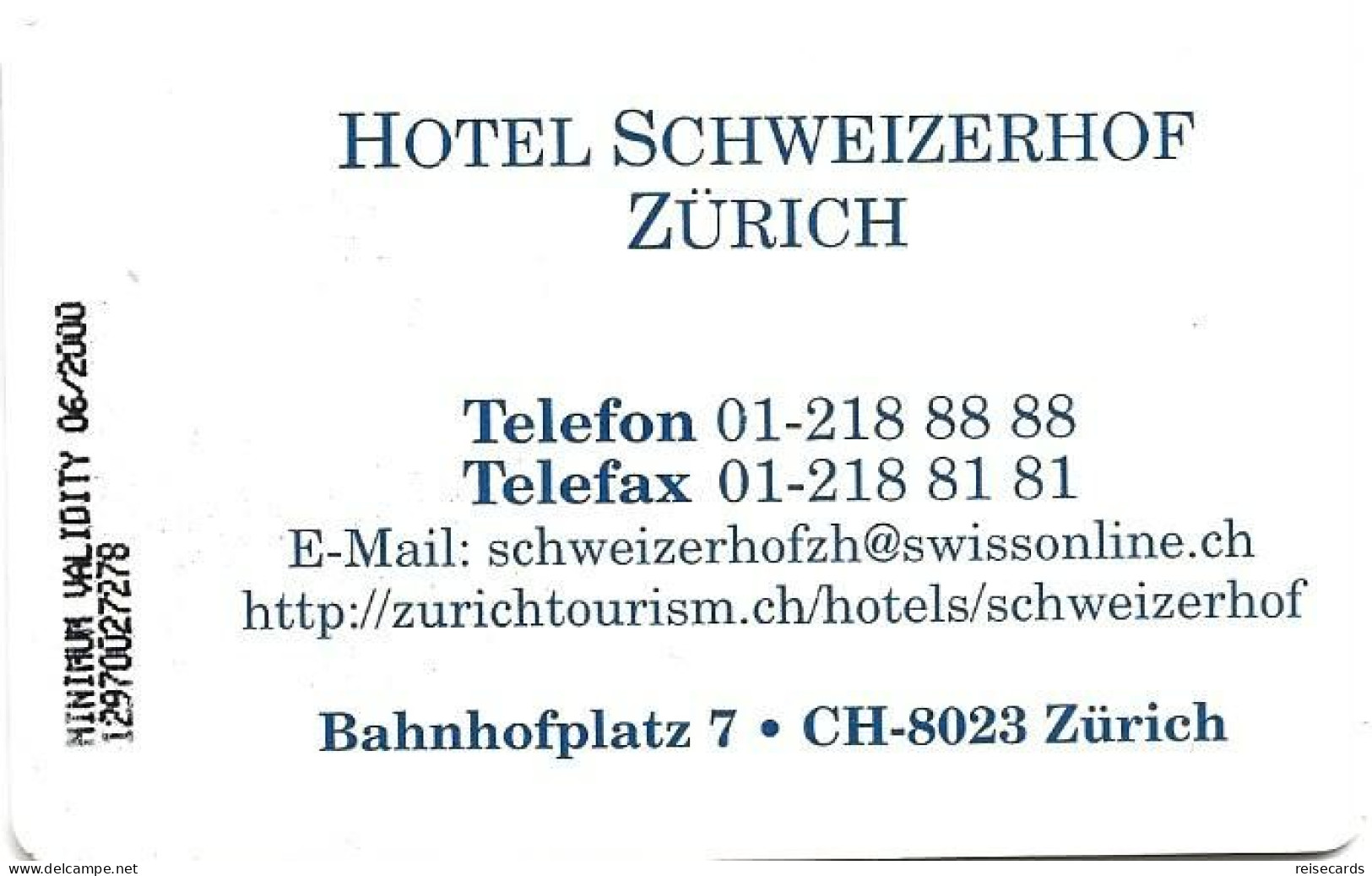 Switzerland: Swisscom 12/97 Hotel Schweizerhof Zürich - Switzerland