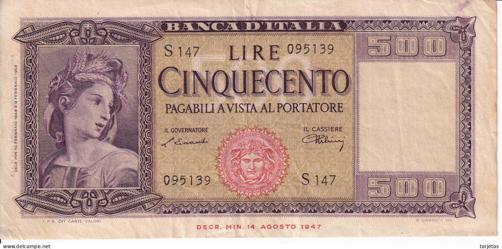 BILLETE DE ITALIA DE 500 LIRE DEL AÑO 1948  (BANKNOTE) - 500 Liras