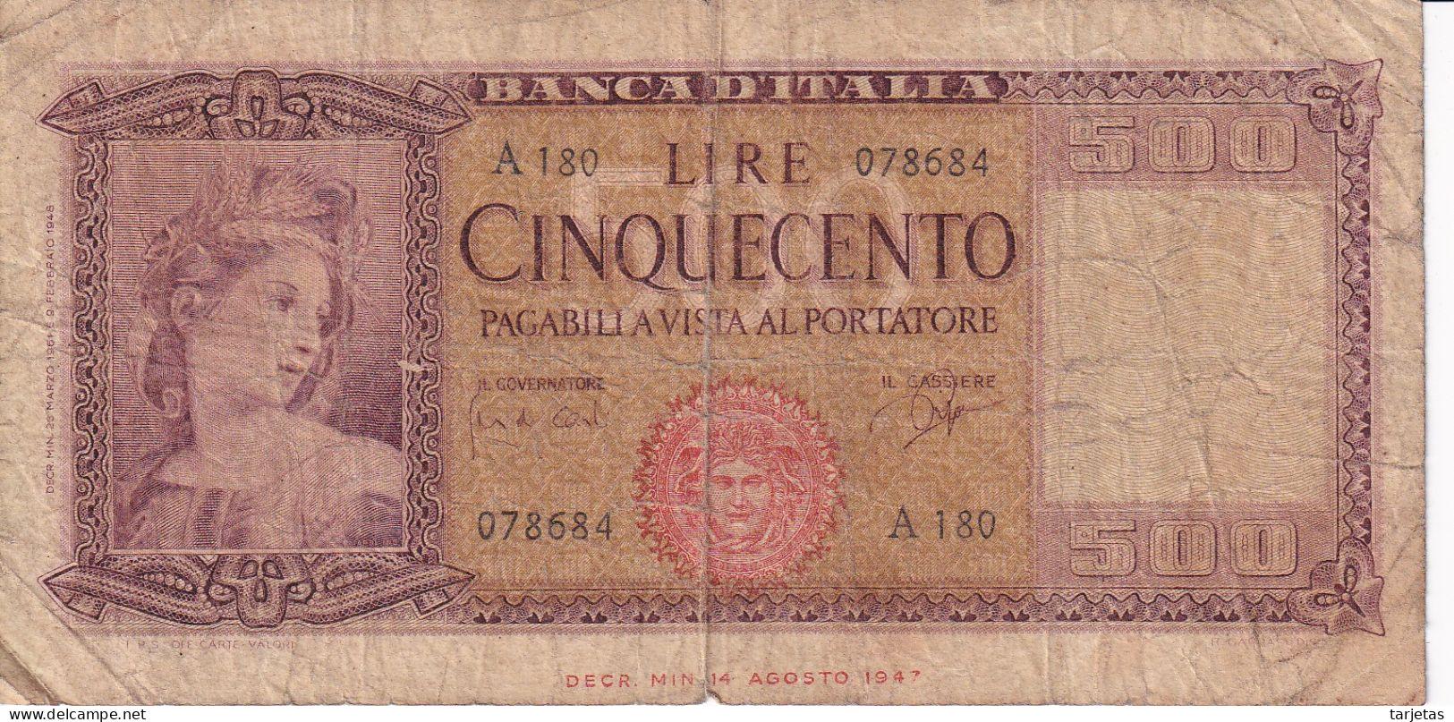 BILLETE DE ITALIA DE 500 LIRE DEL AÑO 1961  (BANKNOTE) - 500 Liras