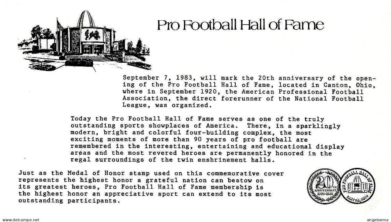 USA - 1983 CANTON 20° Hall Of Fame Casa Della Storia E Degli Eroi Del Football Americano Su Busta Fdc - 5228 - Rugby