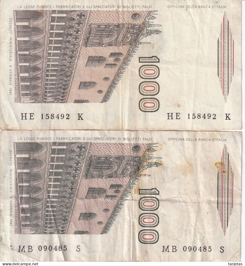 LOTE DE 2 BILLETES DE ITALIA DE 1000 LIRAS DEL AÑO 1982 DE MARCO POLO (BANKNOTE) DIFERENTES FIRMAS - 1000 Lire