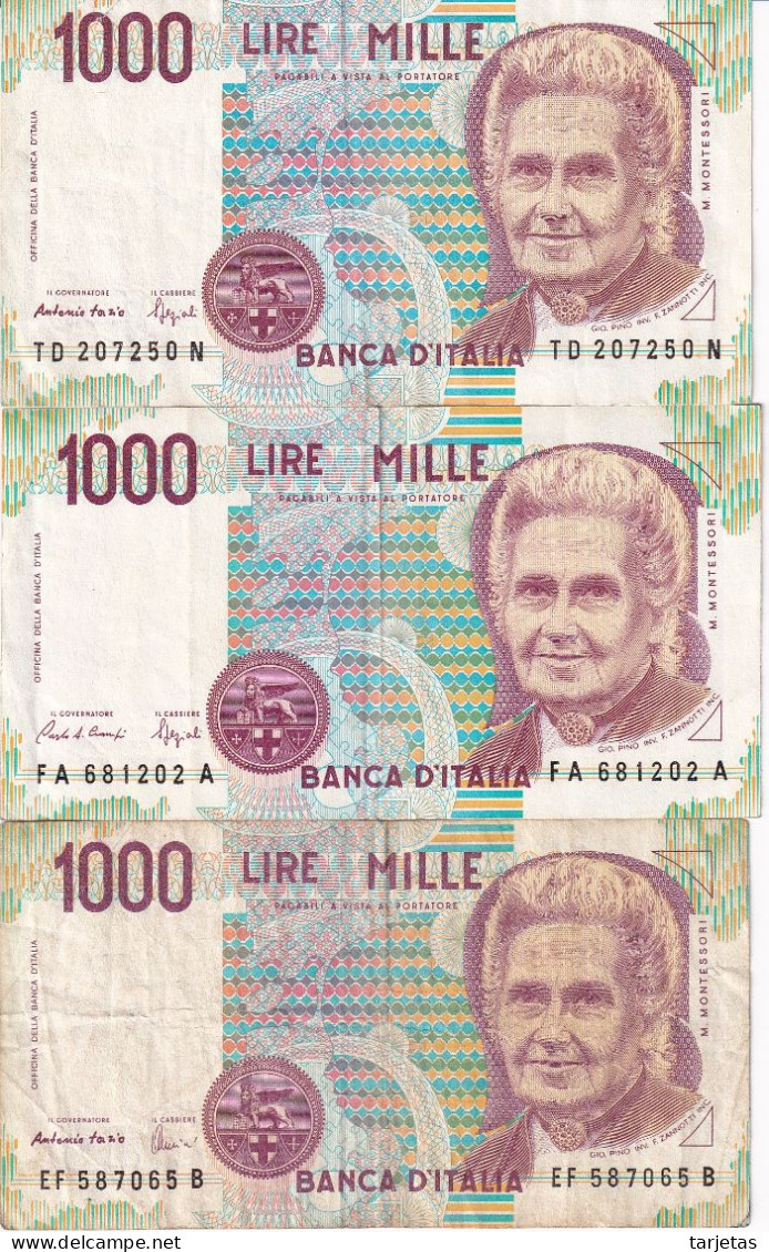 LOTE DE 3 BILLETES DE ITALIA DE 1000 LIRAS DEL AÑO 1990 DE MONTESORI (BANKNOTE) DIFERENTES FIRMAS - 1.000 Lire