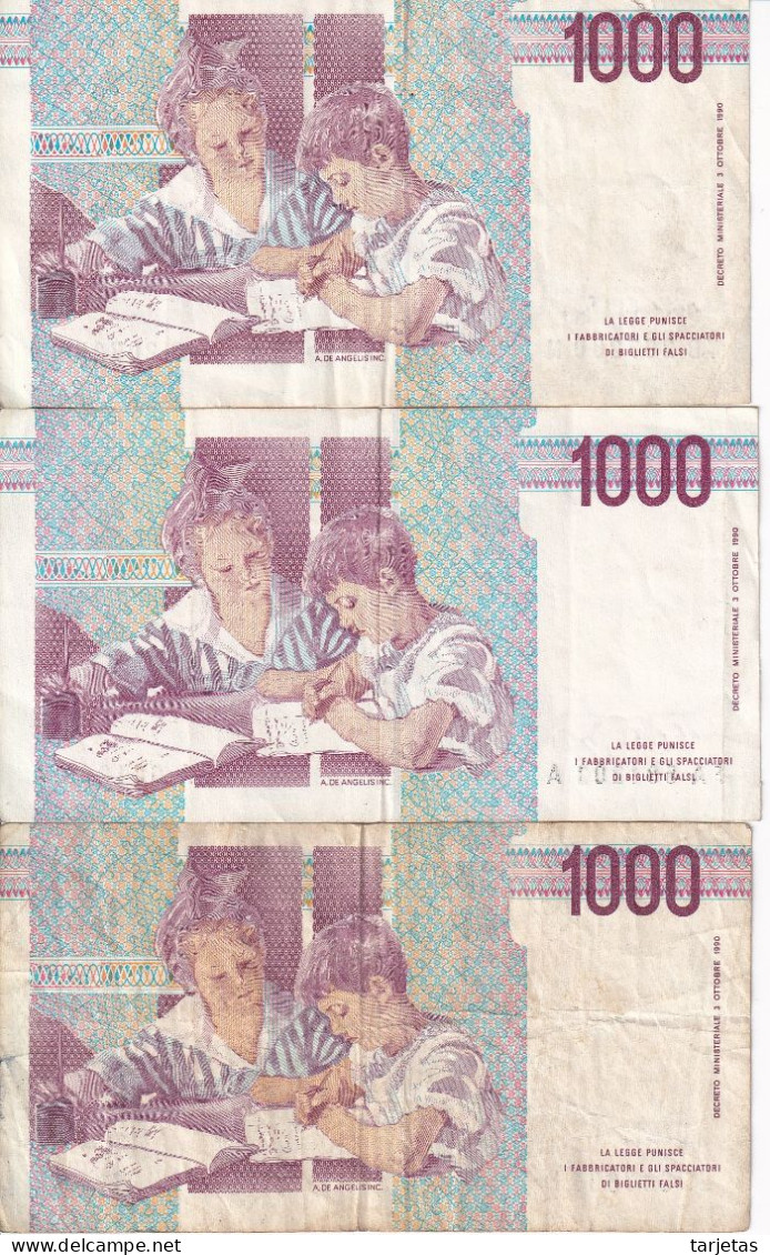 LOTE DE 3 BILLETES DE ITALIA DE 1000 LIRAS DEL AÑO 1990 DE MONTESORI (BANKNOTE) DIFERENTES FIRMAS - 1.000 Lire