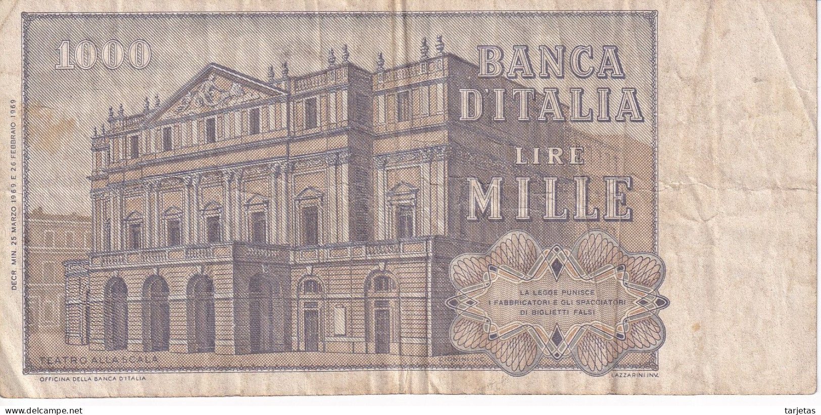 BILLETE DE ITALIA DE 1000 LIRAS DEL AÑO 1969 DE VERDI  (BANKNOTE) - 1.000 Lire