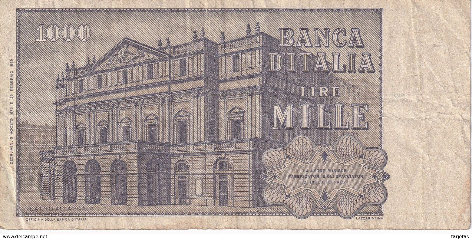 BILLETE DE ITALIA DE 1000 LIRAS DEL AÑO 1975 DE VERDI  (BANKNOTE) - 1000 Liras