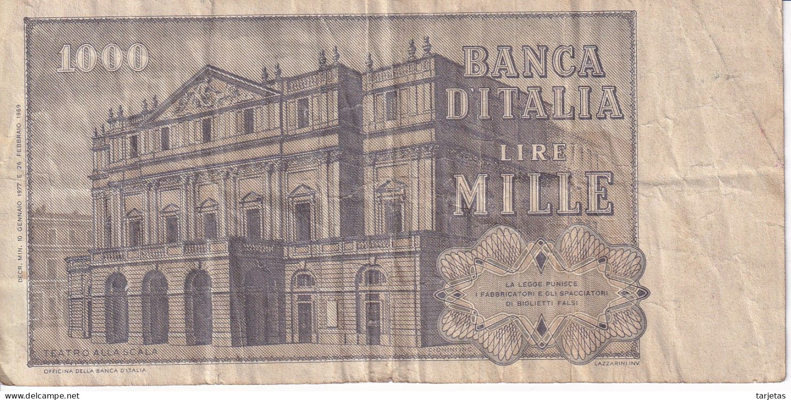 BILLETE DE ITALIA DE 1000 LIRAS DEL AÑO 1977 DE VERDI  (BANKNOTE) - 1.000 Lire