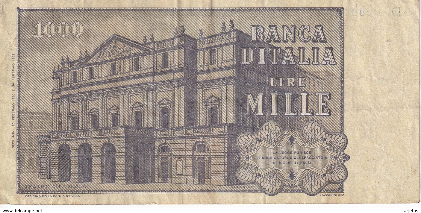 BILLETE DE ITALIA DE 1000 LIRAS DEL AÑO 1980 DE VERDI  (BANKNOTE) - 1.000 Lire
