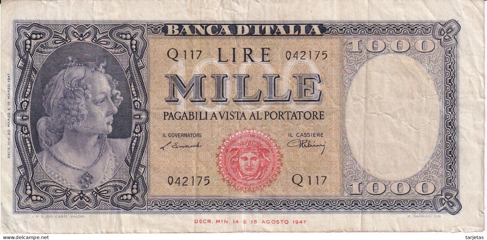 BILLETE DE ITALIA DE 1000 LIRE DEL 20 DE MARZO DE 1947  (BANKNOTE) - 1000 Liras