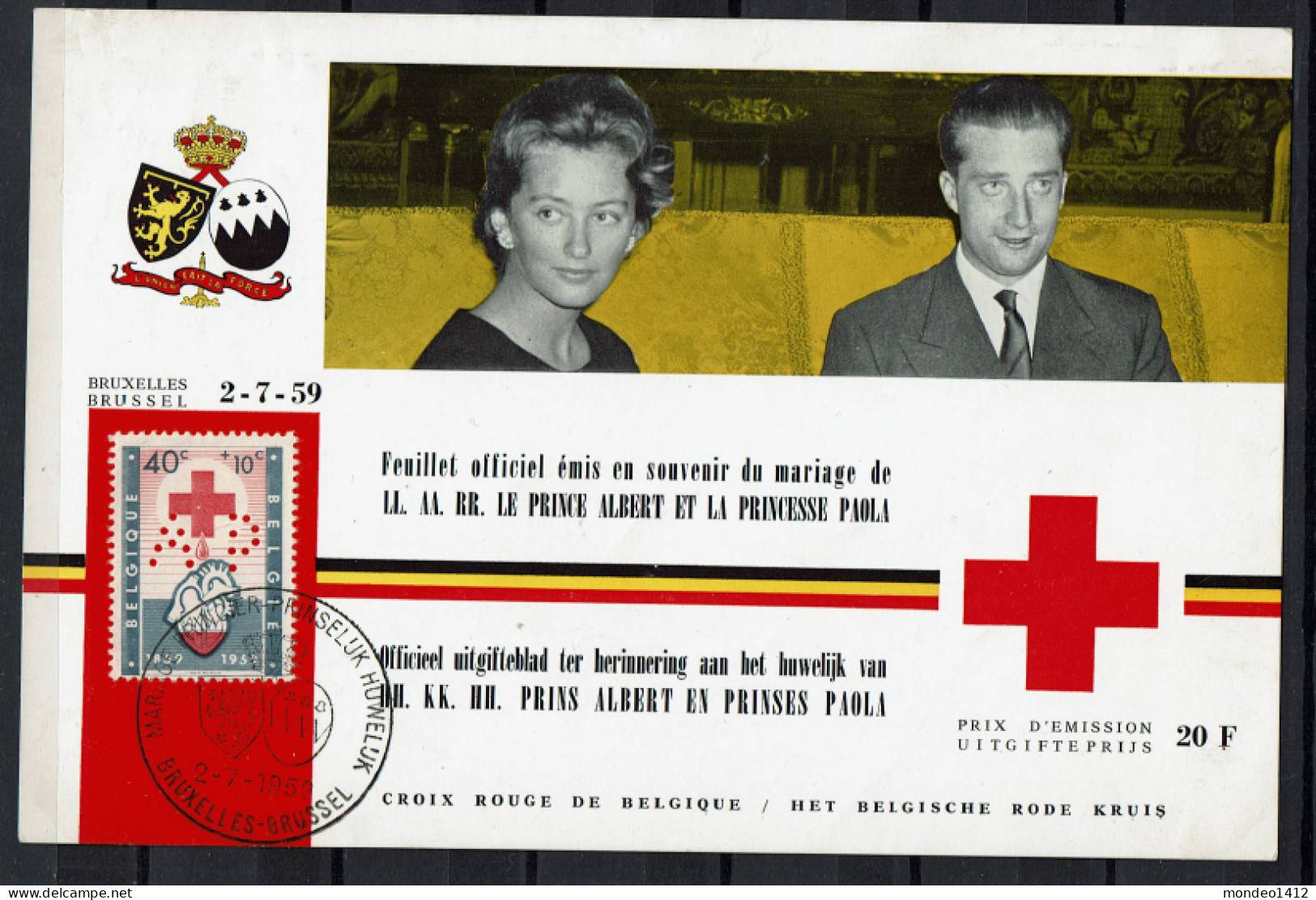 België - N°1096 - Herdenkingskaart Paola-Albert Huwelijk - Croix-Rouge - Rode Kruis - Documents Commémoratifs