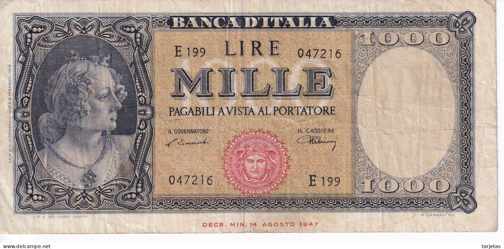 BILLETE DE ITALIA DE 1000 LIRE DEL 10 DE FEBRERO DE 1948  (BANKNOTE) - 1000 Lire