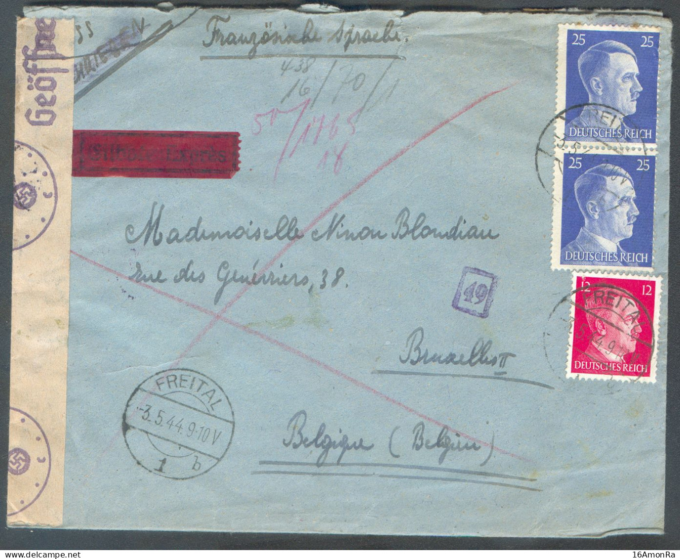 12 Pfg + 2x25pfg Hitler Dc FREITAL Sur Lettre Expres 3.5.1944 Nach Brussel + Zensuur En (backside) Purple Hs GEMEINSCHAF - Guerra '40-'45 (Storia Postale)