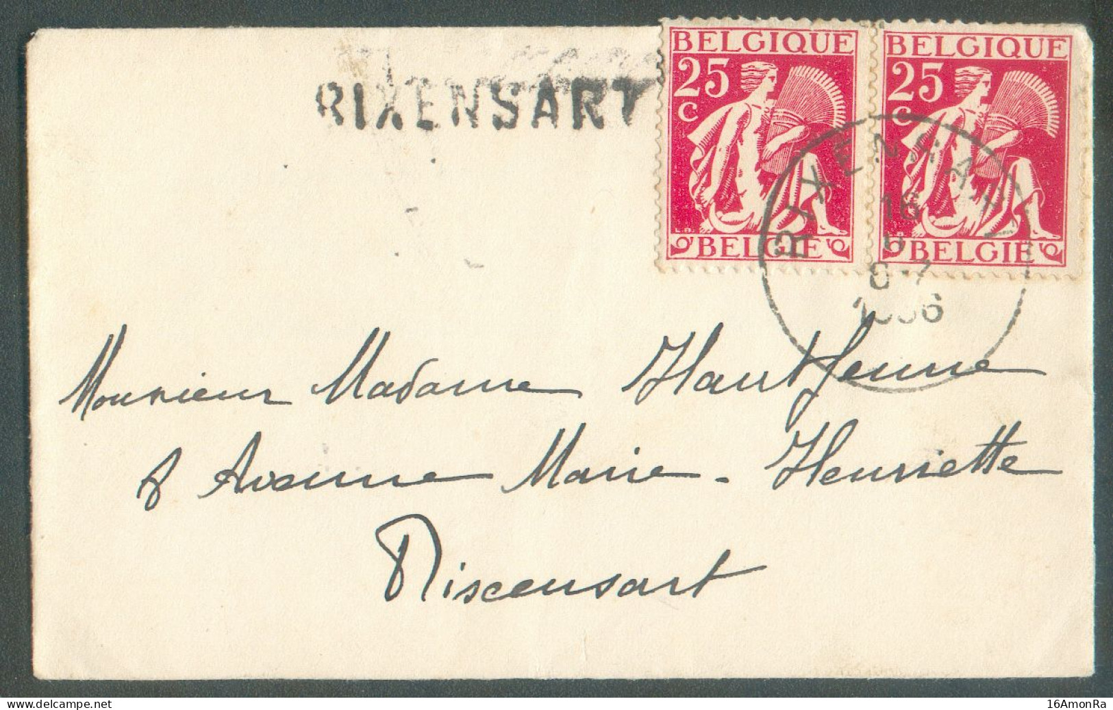 25c. Cérès (paire) Ol; Sc RIXENSART 16-II-1936 Sur Enveloppe Carte De Visite + Griffe RIXENSART  - 21984 - Linear Postmarks