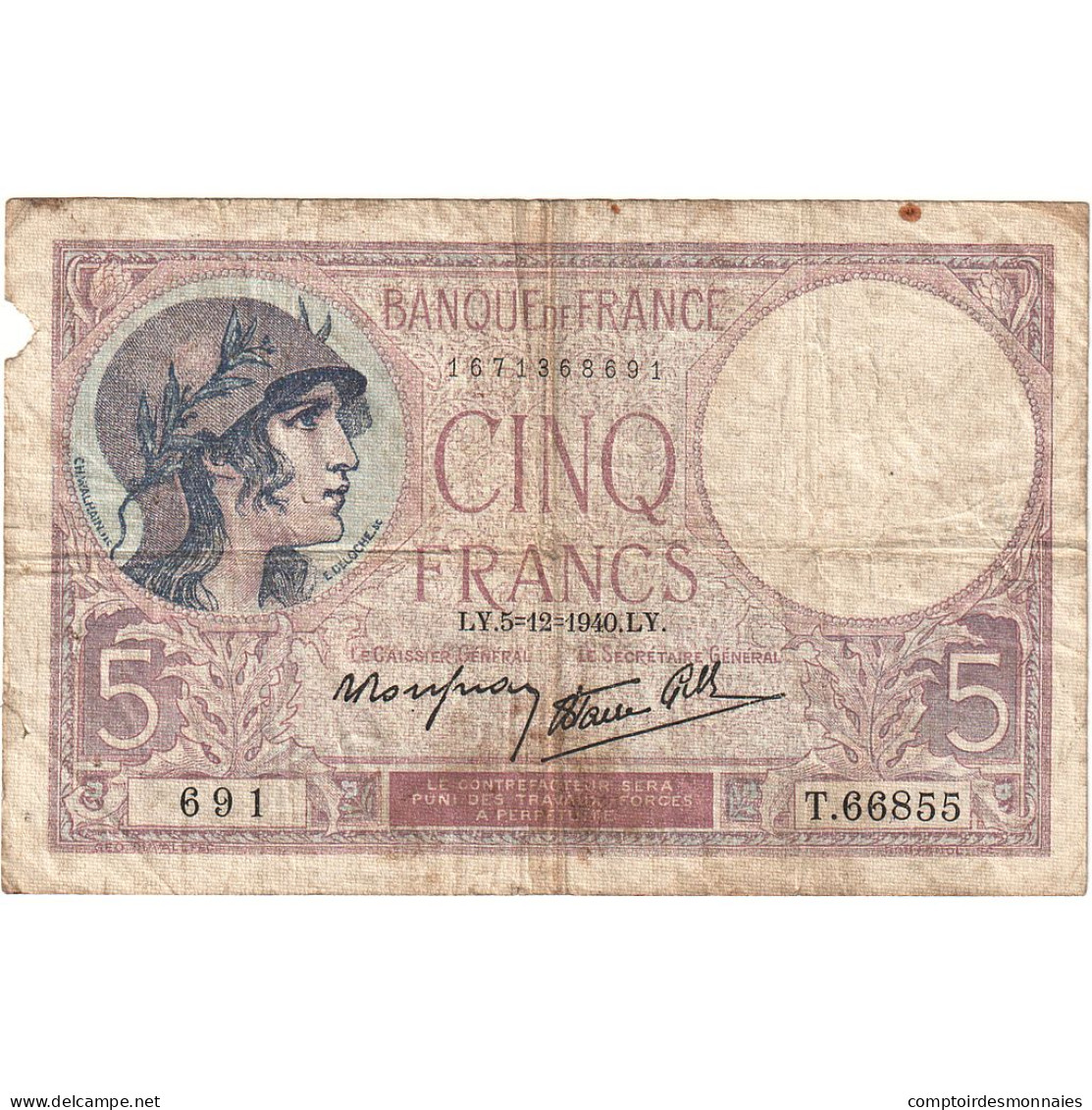 France, 5 Francs, Violet, 1940, T.66855, B+, Fayette:4.14, KM:83 - 5 F 1917-1940 ''Violet''