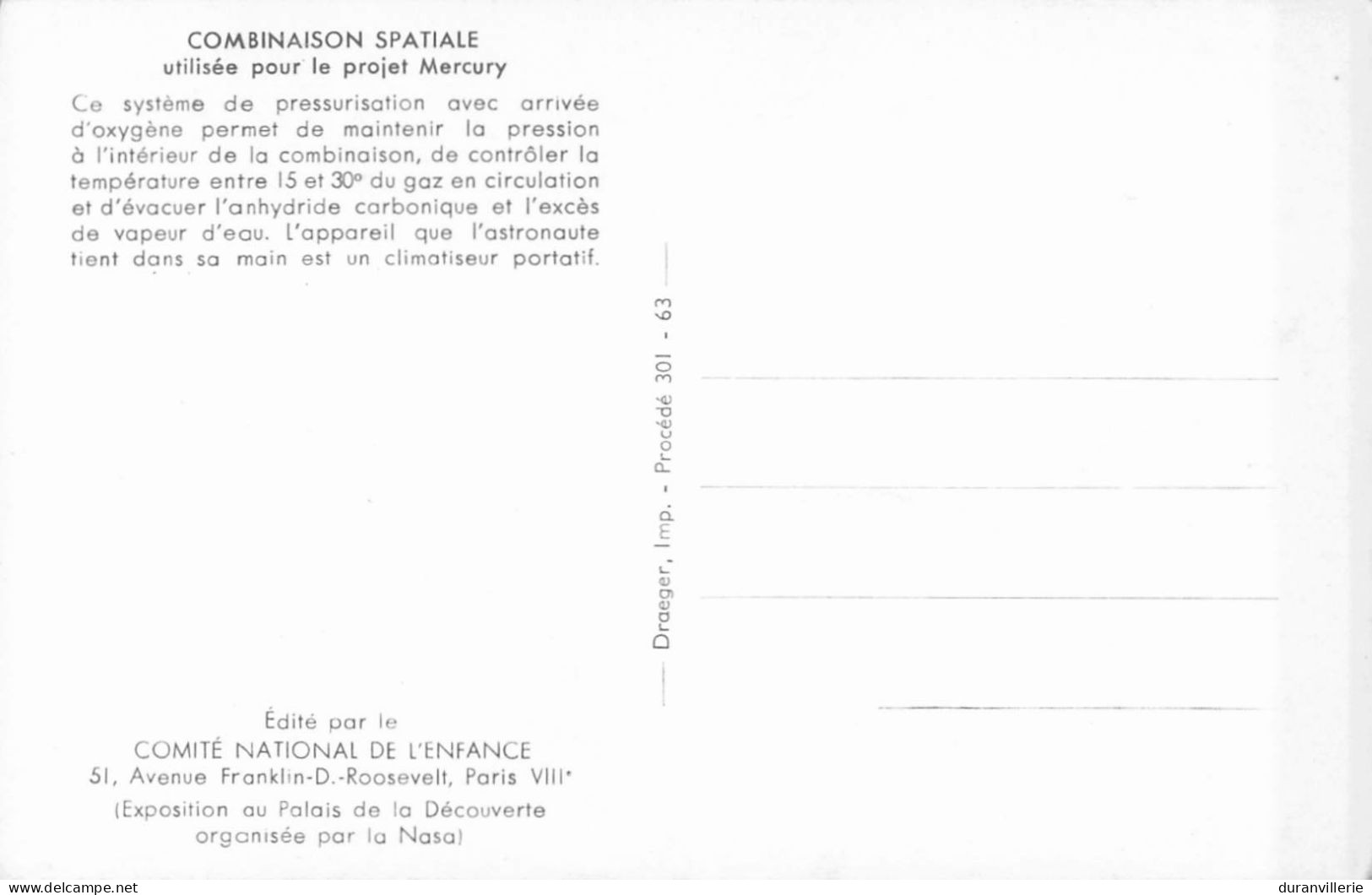 Aviation Espace COMBINAISON SPATIALE Utilisée Pour Le Projet Mercury (Comité National De L'Enfance/Draeger) - Raumfahrt