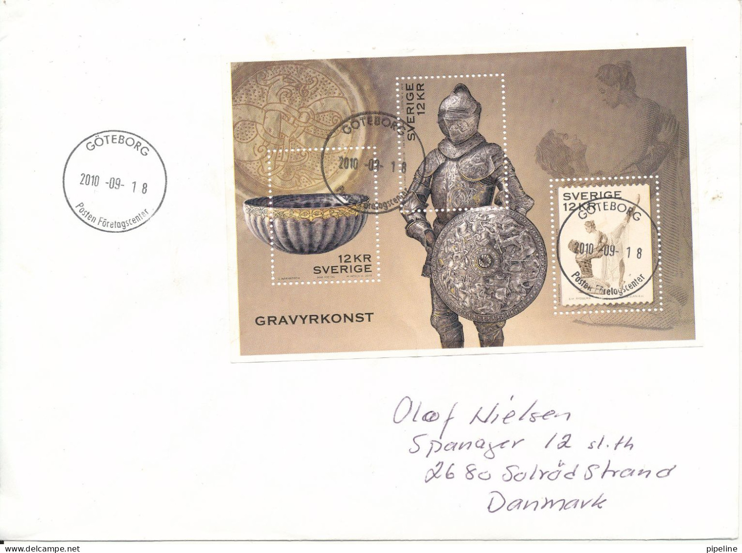 Sweden Cover Sent To Denmark 18-9-2010 With Souvenir Sheet GRAVYRKONST - Lettres & Documents