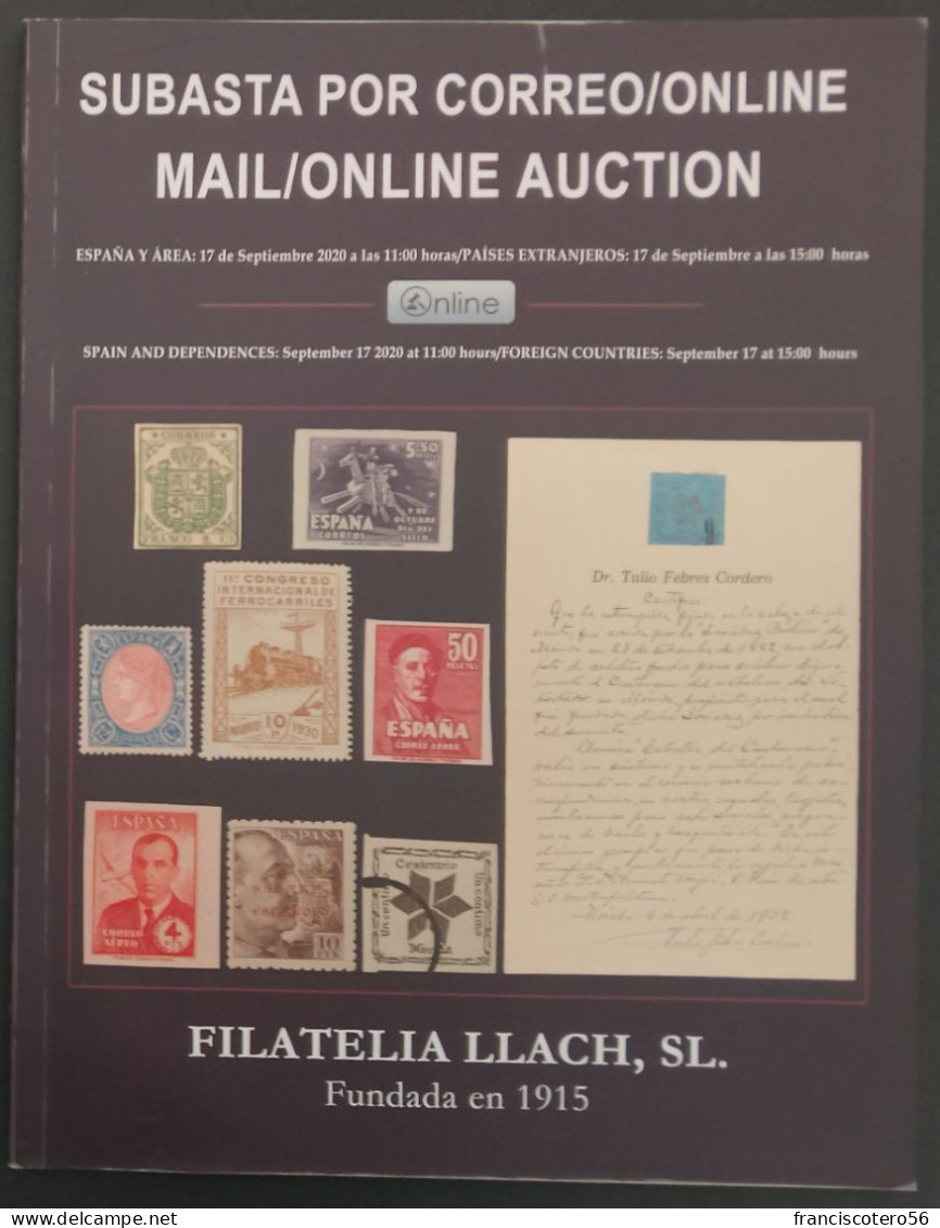 Catalogo  de Subastas: Filatelia Llach. (Sellos Cartas Frontales y Monedas). 1.328/Paginas, 15/Ejemplares.