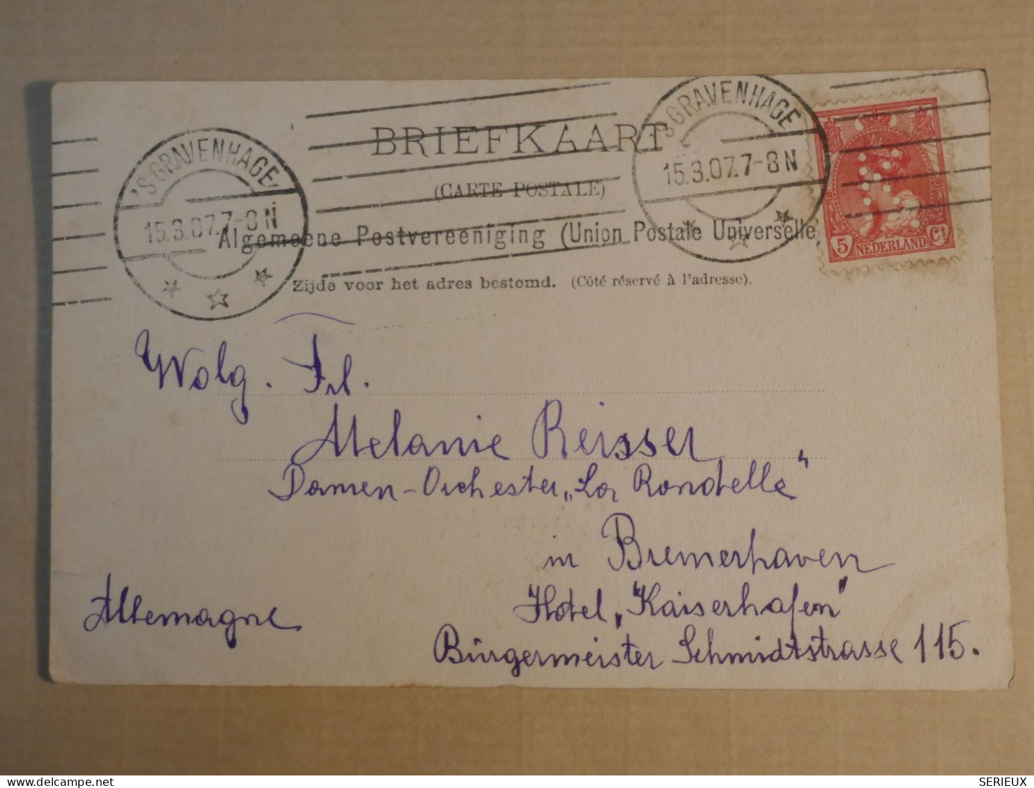 DJ 19  NEDERLAND   BELLE CARTE  PERFIN  1907  GRAVENHAGE    A BRUMERHAVEN +AFF. INTERESSANT++ ++ - Perfins