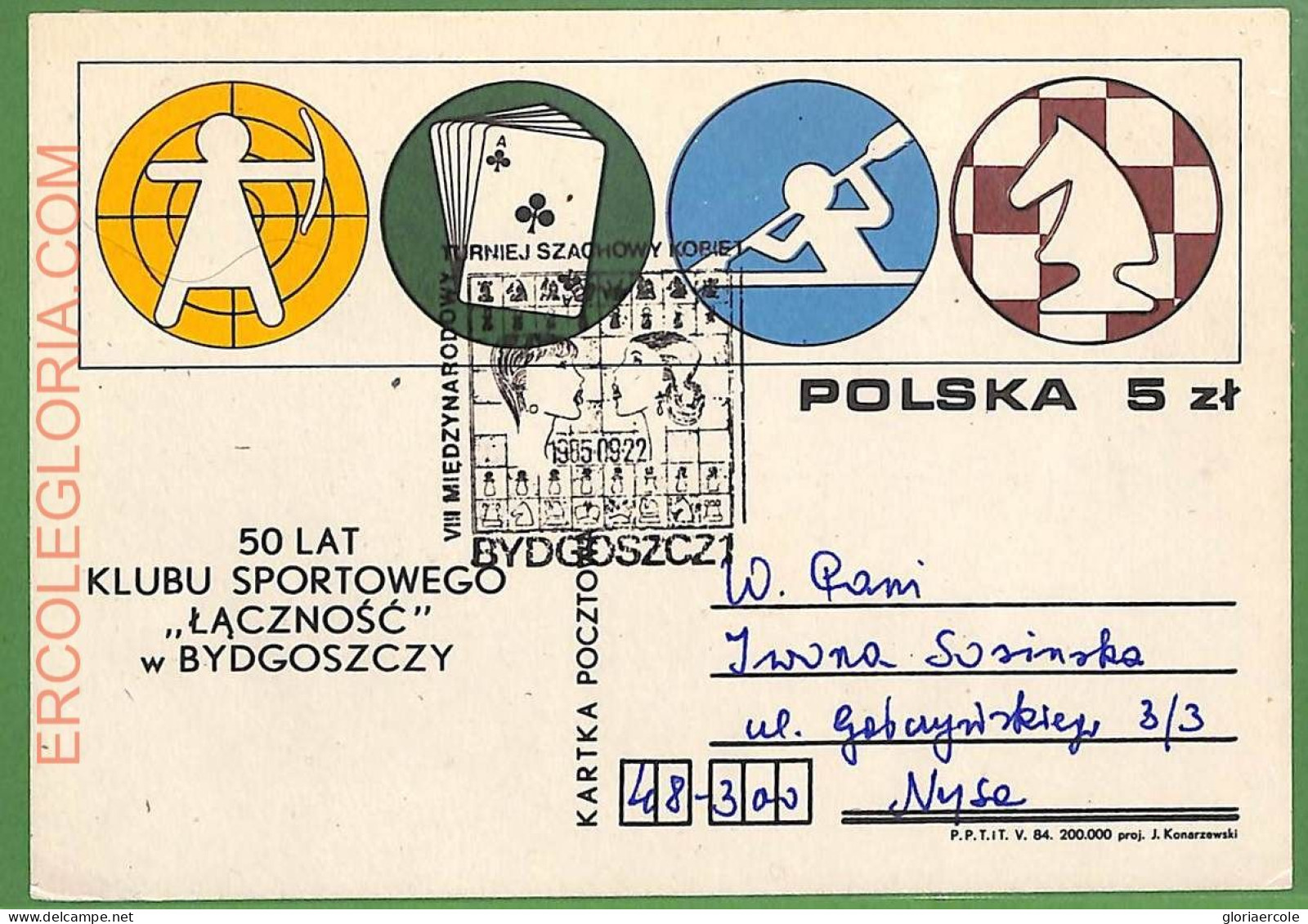 ZA0327 - POLAND - Postal History - STATIONERY CARD - Chess - 1985 - Echecs