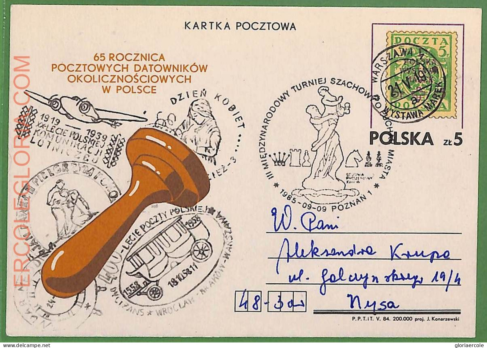ZA0329 - POLAND - Postal History - STATIONERY CARD - Chess - 1985 - Echecs