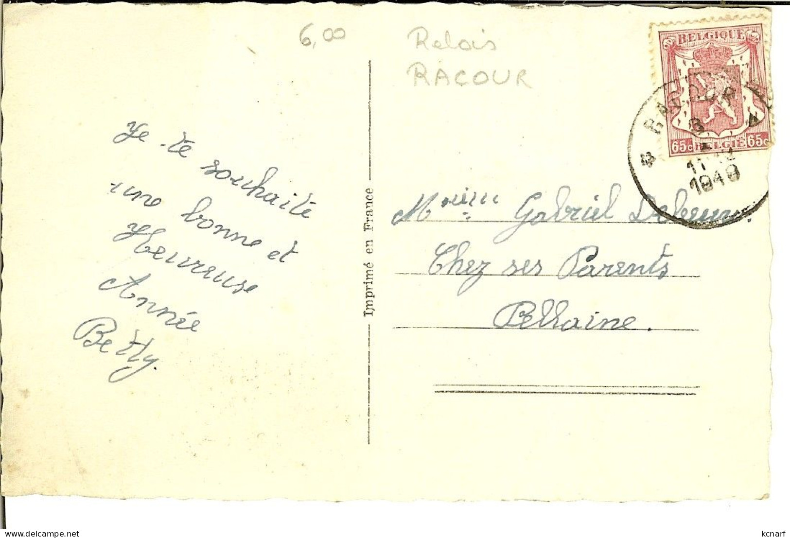 CP Bonne Année Avec Relais De RACOUR 1949 - Postmarks With Stars