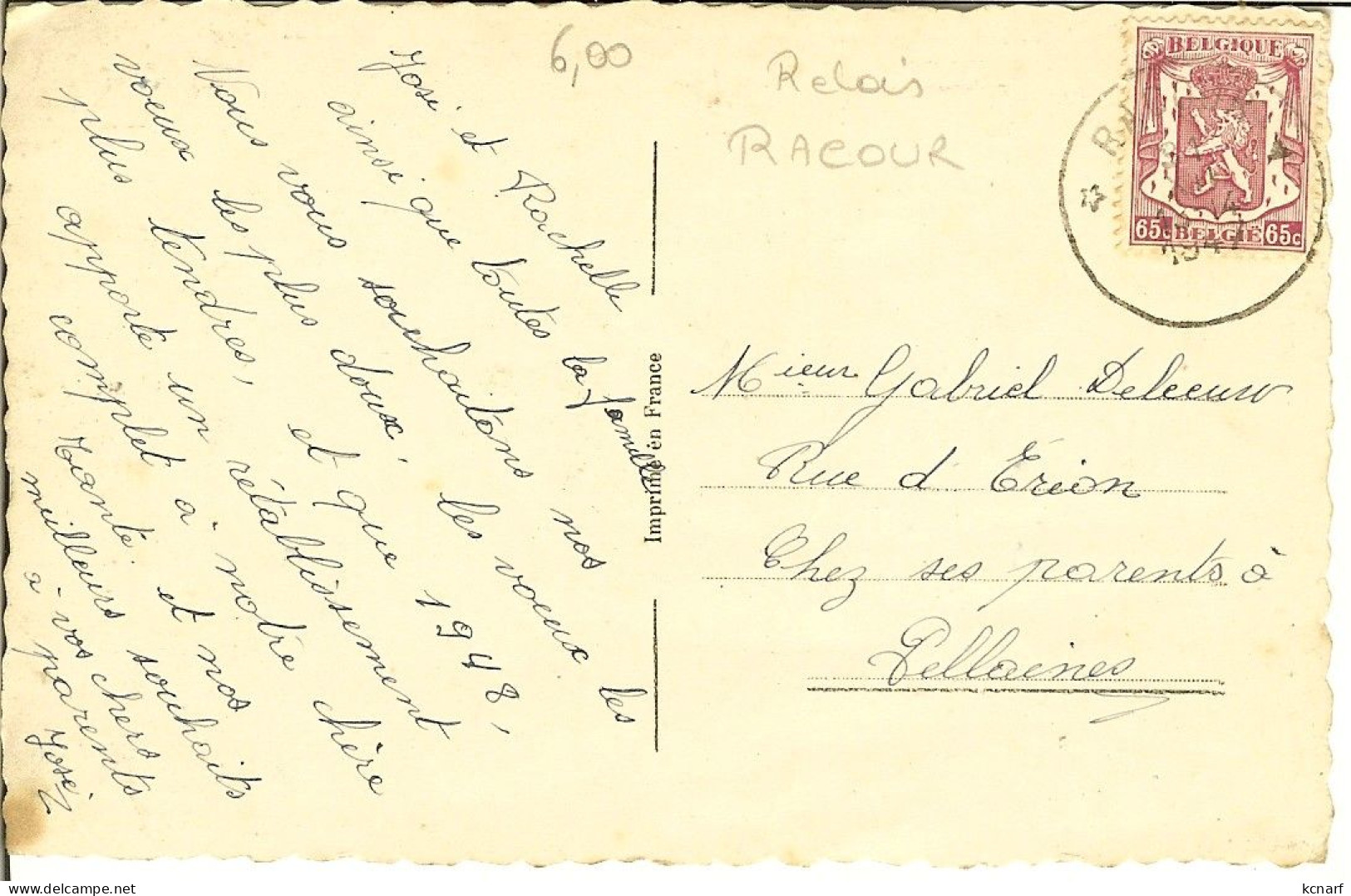 CP Fleur Et Couple Au Recto Avec Relais De RACOUR 1947 - Sternenstempel