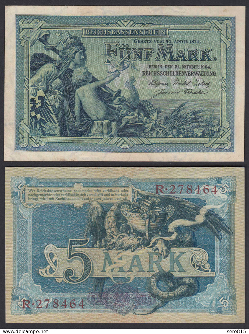 Reichsbanknote 5 Mark 1904 Ro 22a Pick 8 VF+ (3+) 6-stellig Serie R  (29275 - Sonstige & Ohne Zuordnung