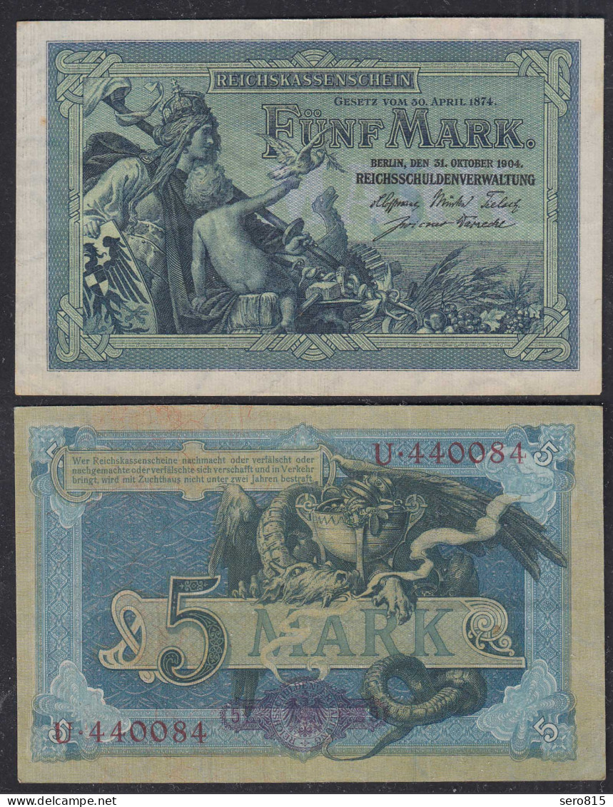 Reichsbanknote 5 Mark 1904 Ro 22a Pick 8 XF (2) 6-stellig Serie U  (29276 - Other & Unclassified