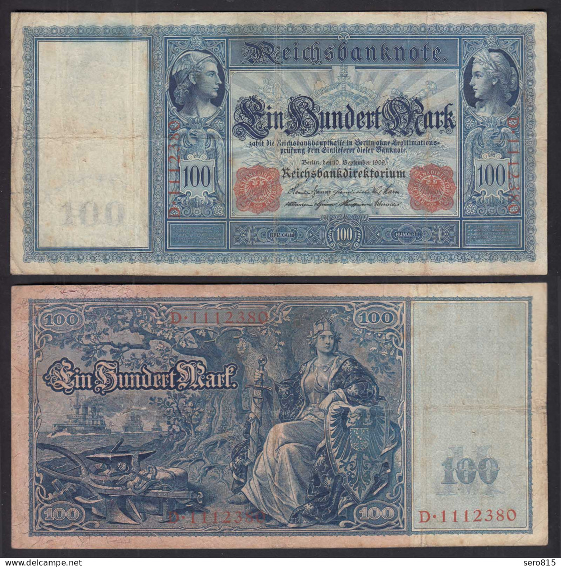 Ro 38 - 100 Mark Reichsbanknote 10.9.1909 - Serie: D Pick 38 F+ (4+)    (30726 - Andere & Zonder Classificatie