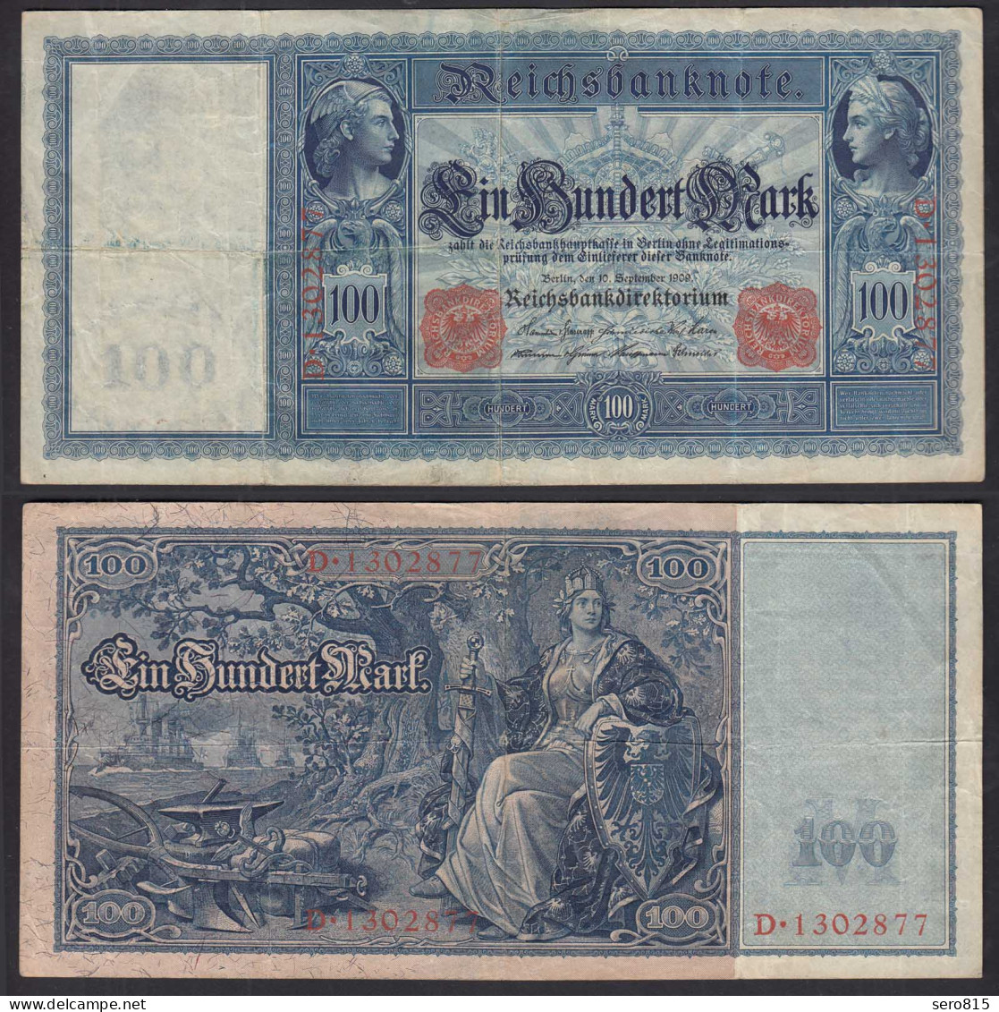 Ro 38 - 100 Mark Reichsbanknote 10.9.1909 - Serie: D Pick 38 VF (3)    (30728 - Autres & Non Classés