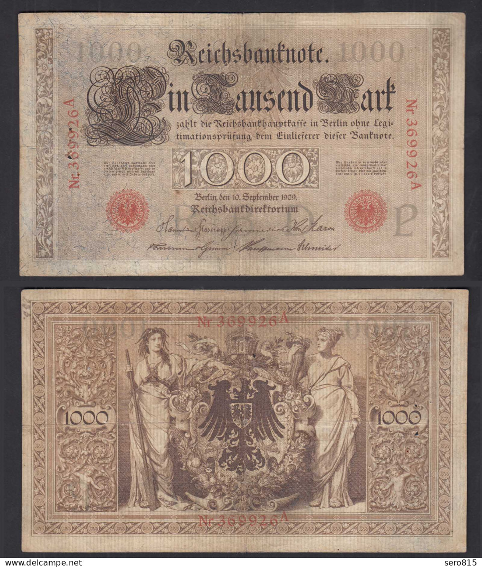 Ros. 39 1000 Mark Reichsbanknote 10.9.1909 Serie A Pick 39 F/VF (3/4)   (30727 - Altri & Non Classificati