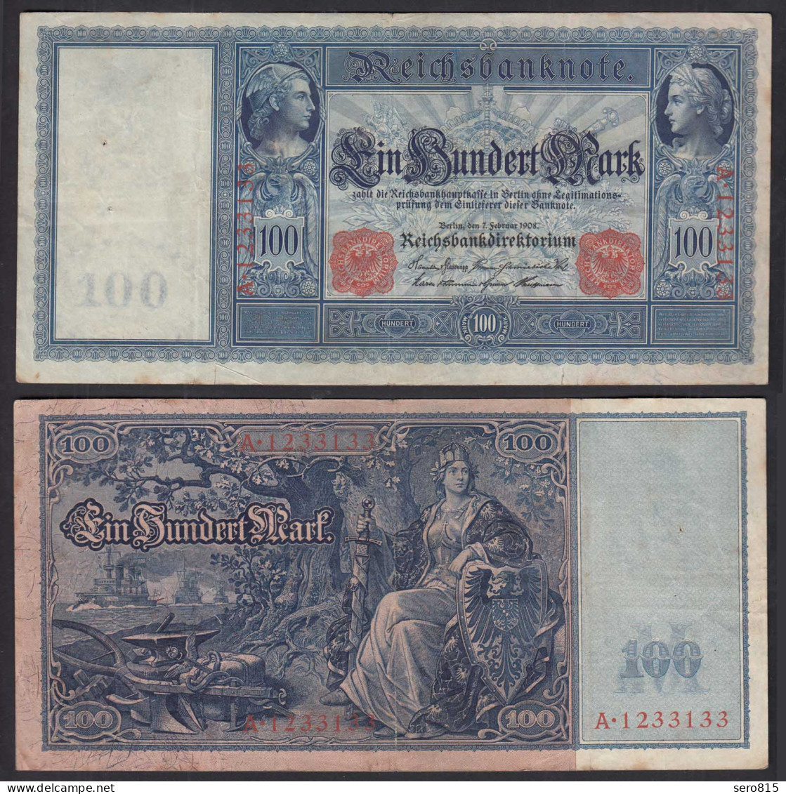 Ro 35 - 100 Mark Reichsbanknote 7.2.1908 - Serie: A Pick 35 VF (3)    (30731 - Autres & Non Classés