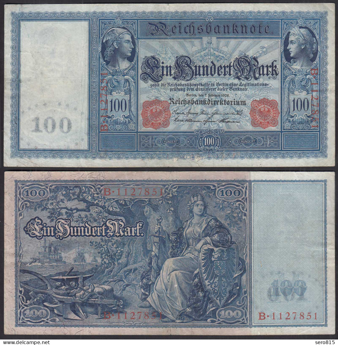Ro 35 - 100 Mark Reichsbanknote 7.2.1908 - Serie: B Pick 35 VF (3)    (30734 - Sonstige & Ohne Zuordnung