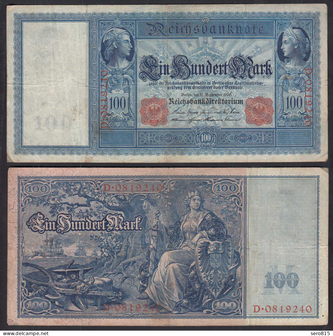 Ro 38 - 100 Mark Reichsbanknote 10.9.1909 - Serie: D Pick 38 VF (3)    (30729 - Sonstige & Ohne Zuordnung