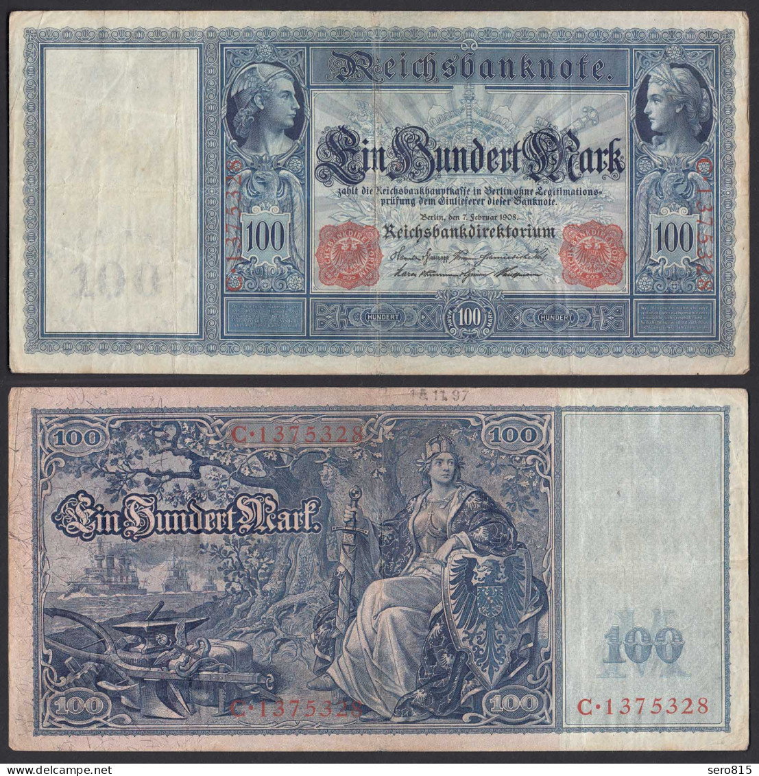 Ro 35 - 100 Mark Reichsbanknote 7.2.1908 - Serie: C Pick 35 VF- (3-)    (30730 - Other & Unclassified